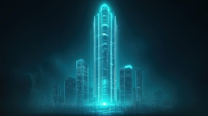 A futuristic cityscape with a glowing skyscraper.