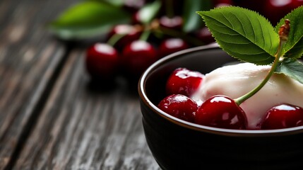 A bowl of vanilla ice cream topped with fresh cherries and a sprig of mint on a rustic wooden background.