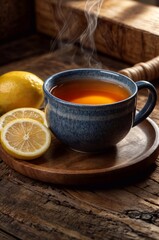 Fototapeta premium Steaming cup of ginger tea with lemon slices on rustic wooden table