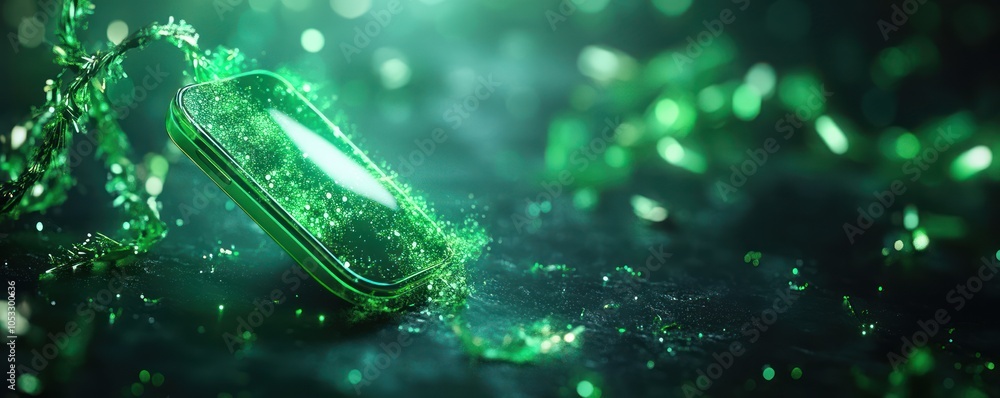 Poster Captivating green sparkle a glimpse into a mysterious object surrounded by enchanting light and glittering effects