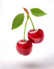 Cherry with leaves floating or flying isolated white background