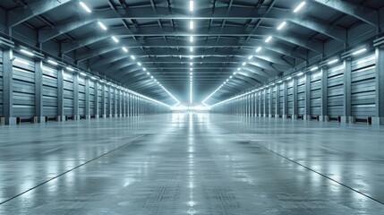 A large, empty warehouse with bright lights and a concrete floor. AI.