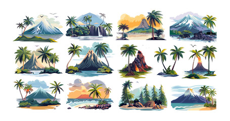 Obraz premium Picturesque tropical isle cartoon vector scenes. Palm trees stone rocks ocean coastline sandy shore vessels sea environment exotic foliage sunlight summertime paradise land isolated illustrations