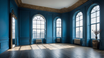 Fototapeta premium Vintage classic empty room design with high windows , classic style with blue walls