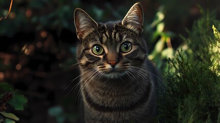 Obraz premium A close-up of a curious tabby cat with striking eyes, surrounded by lush greenery, reflecting a sense of nature and adventure.