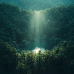Obraz premium A serene landscape featuring a tranquil lake surrounded by lush green forests, illuminated by soft beams of sunlight that create a peaceful and mystical atmosphere.
