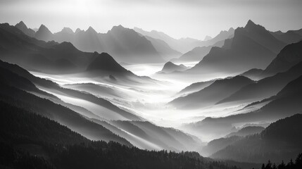 Misty Mountain Landscape in Black and White
