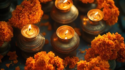 Warm glow of lamps and marigold flowers during a festive celebration