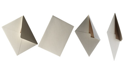 Collection of envelope and postcard with brown card on white background