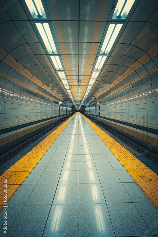 Aufkleber empty subway platform with yellow lines leading to the end of the tunnel. ai.