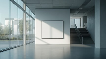 Obraz premium Empty white wall with a blank canvas in a modern building with large windows and a staircase.