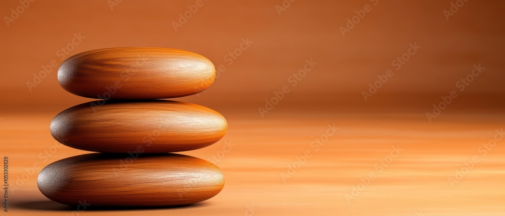 Poster a tranquil stacking of smooth wooden stones on a soft orange background evoking calm and serenity