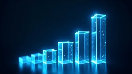 digital glass bar graph, glowing blue light at the top of each vertical column representing an upward trend in sales or technology progress, against dark background, modern and sleek design