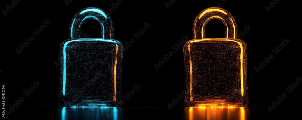 Poster Exploring the digital realm of security an artistic representation of lock mechanisms in neon lights