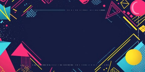 A vibrant abstract design featuring geometric shapes and patterns on a dark background.