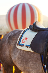 A horse with a saddle stands before colorful hot air balloons in Turkey