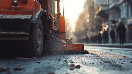A street sweeper cleans debris on a city street during sunset, with pedestrians in the background.