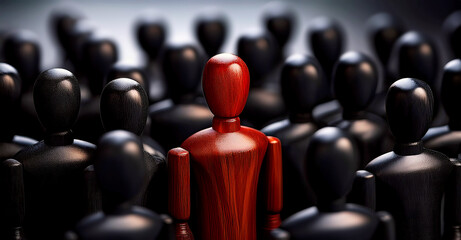 Close-up of one single red human shape (wooden figurine) among a large group of black ones. Standing out from the crowd, thinking outside the box, leadership and individuality concept. Generative Ai.