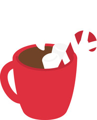 Hot chocolate in red mug. Festive Christmas holiday season element. Flat design illustration.	