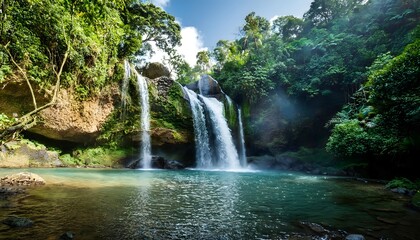 Fototapeta premium Exploring hidden waterfalls in lush tropical jungles