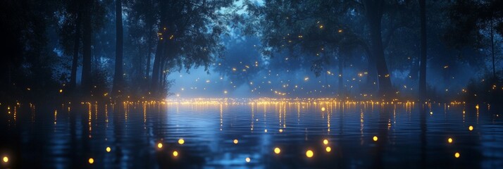 Midnight Enchantment in a Dark Forest, glowing lake shimmering, fireflies dancing, blue mist enveloping the serene landscape