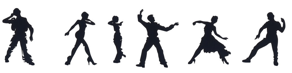 Black Silhouettes of Dancing People in Cartoon Style. Isolated on a Transparent Background. Cutout PNG.