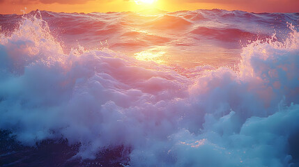 Naklejka premium Ocean Waves Crashing During Sunset Illustration