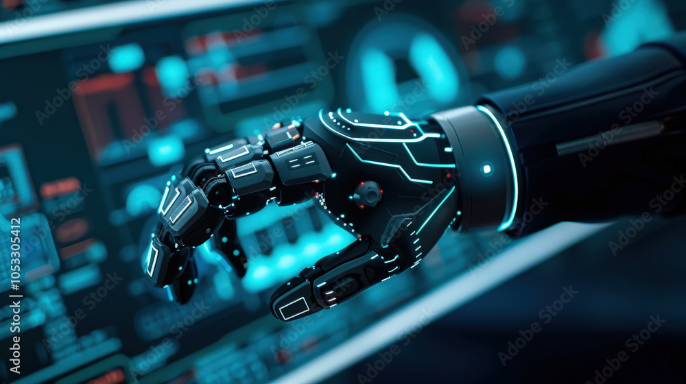 Aufkleber close up of robotic arm showcasing intricate designs and glowing elements in high tech factory setti
