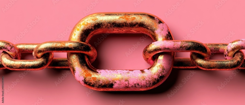Poster Rusty gold chain link symbolizing connection and strength in a vibrant pink background