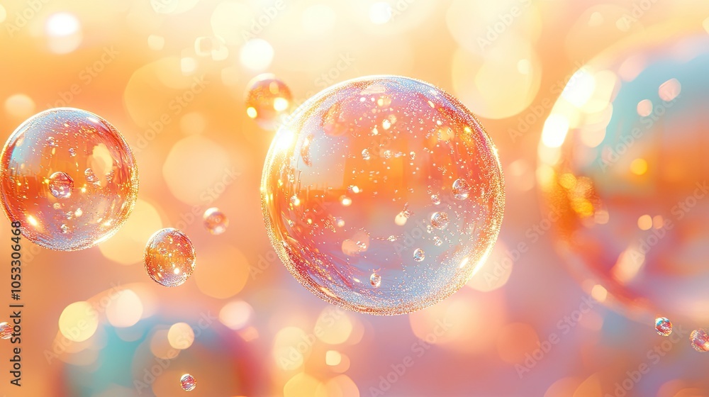 Poster abstract image of multiple transparent glass spheres floating in the air, against a blurred backgrou