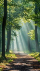 Obraz premium A serene forest path illuminated by sunlight filtering through lush green trees.