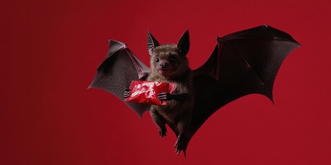Cute Bat Holding Snack Against Red Background