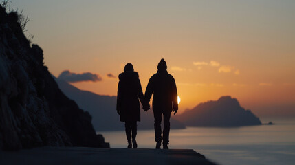 Obraz premium couple holding hands during sunset beach walk, silhouetted against vibrant sky, creates romantic and serene atmosphere