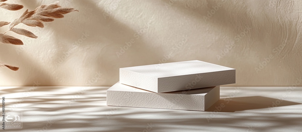 Poster two white platforms stacked on a white surface with soft shadows and a leafy stem in the background.