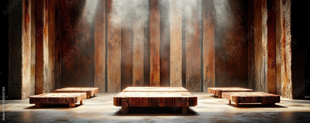 Leinwandbilder a serene interior scene with rustic tables bathed in soft light creating an atmosphere of tranquilit