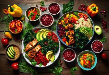 vibrant spread colorful healthy meal options featuring fresh ingredients eye catching presentation, appetizing, arrangement, artisan, bowl, bright, chef