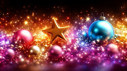 Holiday decorations. Festive Christmas decorations in vibrant colors, New Year celebrations