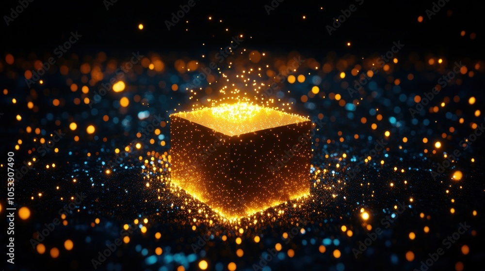Poster Illuminated box of sparkling particles creating a magical atmosphere in a dark space