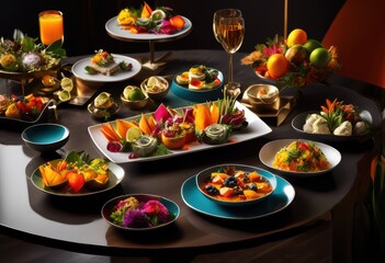 vibrant appetizer spread showcasing colorful dishes elegant modern serving platter fresh ingredients textured garnishes, textures, display, vegetable, fruit
