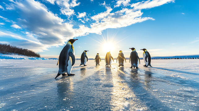 A group of emperor penguins marches on an ice field, seen from a low-angle perspective, with the sun casting strong rays over the scene, highlighting their sleek feathers and drama
