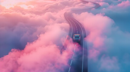 a bird's eye drone view of a modern electric car driving along a narrow road that seems to float among fluffy, pink-tinged clouds at sunset