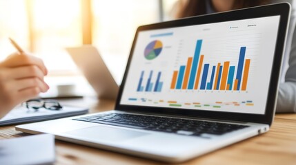 Laptop Screen Showing Business Data Analysis Graph on Wooden Desk