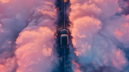 a bird's eye drone view of a modern electric car driving along a narrow road that seems to float among fluffy, pink-tinged clouds at sunset