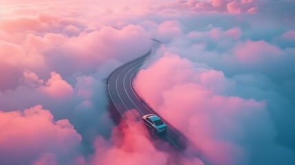 a bird's eye drone view of a modern electric car driving along a narrow road that seems to float among fluffy, pink-tinged clouds at sunset