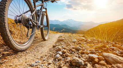 Naklejka premium Close-up of a mountain bike navigating a rugged trail, dust and rocks under the tires, distant mountains visible, with bright sunlight highlighting the adventure.