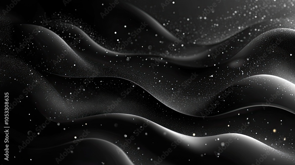 Poster abstract black and white background with shimmering particles and flowing lines.