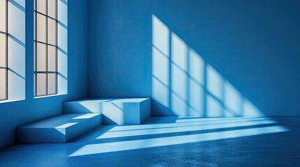 Obraz premium Minimalist blue room interior with a window and steps.