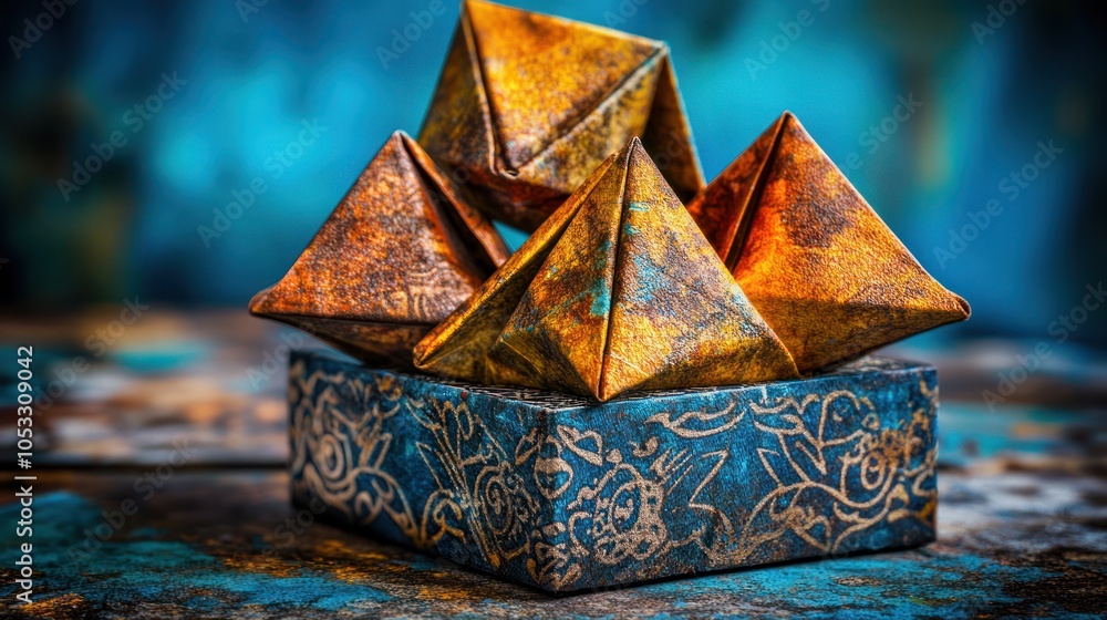 Poster intricate paper pyramid art a stunning display of geometric craftsmanship in vivid colors and textur