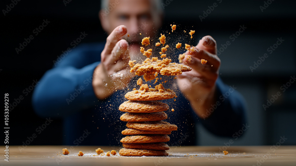 Poster crumbling delight: a close-up shot of a man breaking a cookie, sending crumbs flying, with a stack o