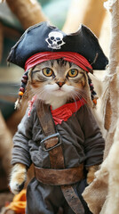 Naklejka premium cute cat wearing pirate costume and hat standing